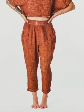 POKOLOKO IKIKIZ Cotton Crinkle Slouchy Pants O/S Elastic Waist Pull-On Pockets